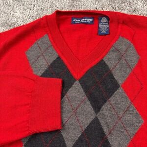 John Ashford Sweater Mens 2XL Red Argyle Extra Fine Merino Wool Made Italy